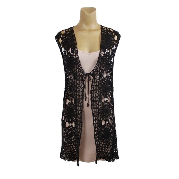 Black Crochet Cover-up Vest - Picture 1 of 16